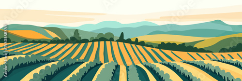 Vector illustration of vineyard landscape with rows of grapevines, rolling hills and colorful fields in flat minimalist style for agriculture and wine growing concept