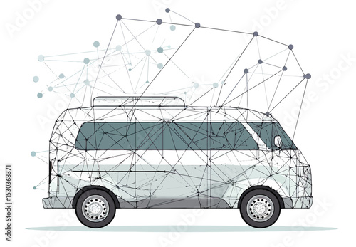 Grey camper van side view with polygonal connection lines and dots abstract background minimal vector travel illustration digital design concept