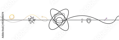 Continuous one line drawing of atom with orbiting electrons and surrounding molecular structures abstract science background vector illustration minimal design