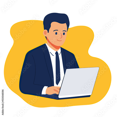 Business man in dark suit using laptop computer working on digital technology flat vector illustration with yellow background