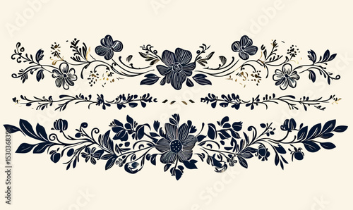 Vintage floral dividers decorative ornate flower borders with leaves and swirling vines in black and gold vector design for invitations and decoration