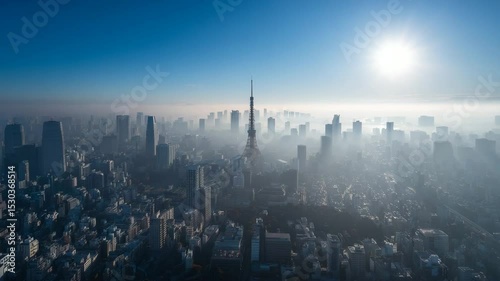 High angle view of a cityscape shrouded in morning mist, with a tall tower silhouetted against a bright sun and clear blue sky. Buildings are dark against the light, creating a moody atmosphere.
