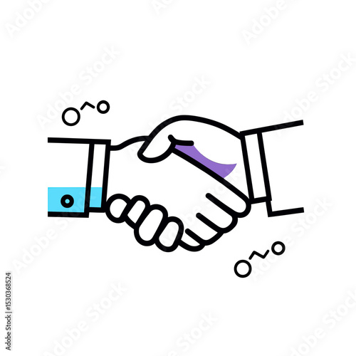 Flat minimalist vector illustration of two hands shaking with black outline and subtle blue and purple accents symbolizing business agreement partnership and cooperation