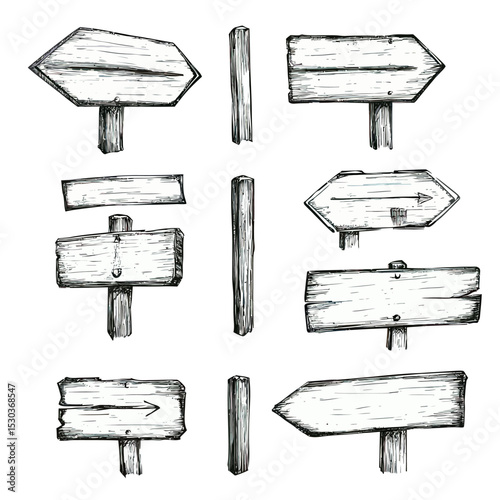 Hand drawn vintage wooden directional road signs and blank posts set with rustic texture isolated on white background vector illustration in sketch doodle style for travel and navigation design