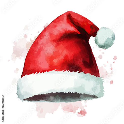 Red and white Santa Claus hat watercolor illustration with fluffy pom pom and fur trim festive Christmas accessory design on white background