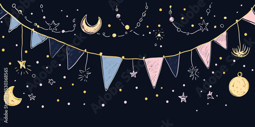Hand drawn celestial party garland with moon stars and constellation string lights in pastel colors festive decoration for celebration and festival design