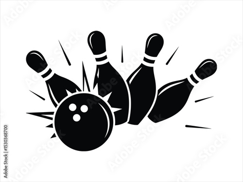 Black Bowling Ball Striking Pins: Game and Sports Vector Illustration

