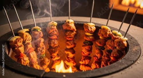 Succulent tandoori chicken skewers with vegetables in traditional clay oven