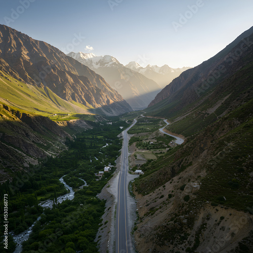 Breathtaking Aerial View: Majestic Mountain Valley Road on transparent background
