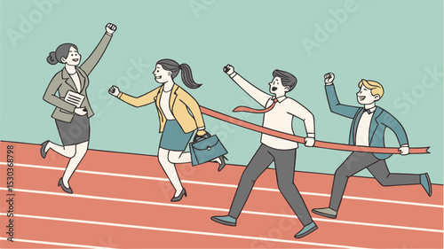 Business team crossing finish line on track with leader cheering and celebrating success in competition