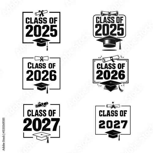 A vector set of black and white class of 2025, 2026, and 2027 graduation badges with caps and diplomas in bold design styles