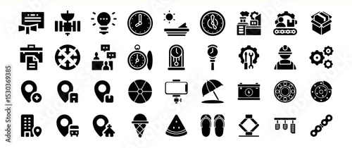 A diverse collection of glyph icons depicting various concepts and objects
