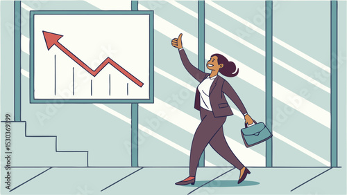 Businesswoman gives thumbs up beside chart with upward trend in office with window and staircase view