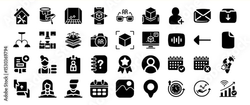 A diverse collection of glyph icons representing various concepts from home improvement to augmented reality and project management.