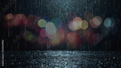 Rain Falling on Wet Street at Night with Colorful City Lights