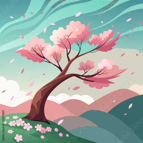 Serene Cherry Blossom Tree on a Hilltop