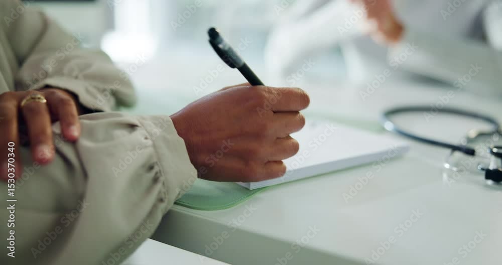 Consulting, writing and hands of doctor in office for prescription, healthcare script or documents. Paper, medical and insurance with people and notepad in clinic for patient history and report