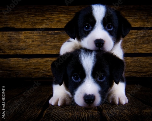 Two black and white puppies cuddled together on a wooden surface