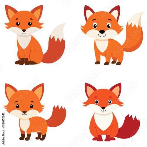 Cute fox couple cartoon vector illustration set. Foxes in various poses such as standing, sitting, and sleeping.
