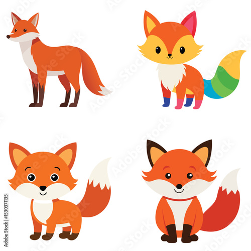 Cute fox couple cartoon vector illustration set. Foxes in various poses such as standing, sitting, and sleeping.
