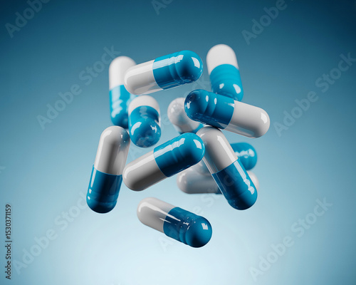 Floating Blue and White Capsules Pharmaceutical Medicine Healthcare Concept