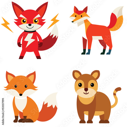Cute fox couple cartoon vector illustration set. Foxes in various poses such as standing, sitting, and sleeping.
