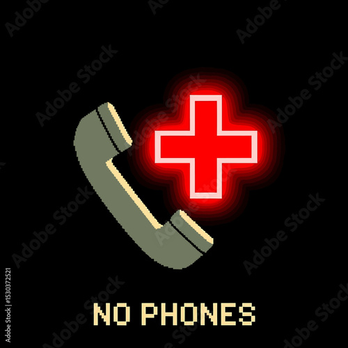 Pixelated No Phone Sign with Emergency Symbol
