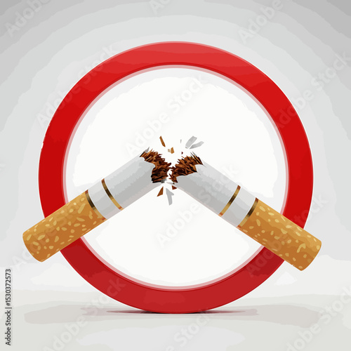 Broken Cigarette Symbolizing Quitting Smoking with Red Circle and Tobacco Shards