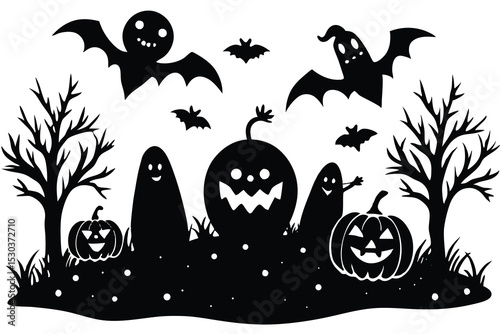 Spooky halloween vector illustrations pumpkins bats and ghosts