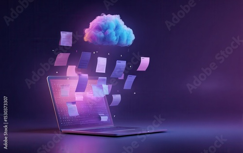A laptop with an arrow pointing to the right, symbolizing a file with a jade, pink, blue, and white cloud pattern against a dark purple gradient background, with floating documents.