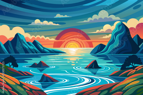 Sunset Landscape. Vibrant Colors over Mountain Lake