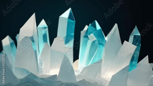 Stylized blue and clear crystals shining against a dark backdrop, creating a mystical aura.