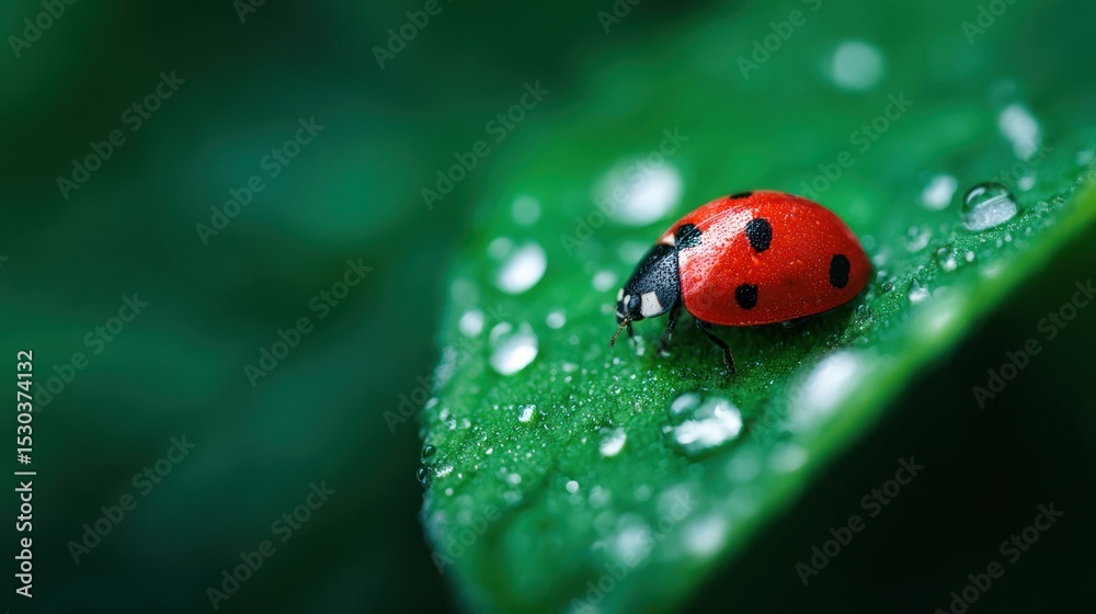 Fototapeta premium Ladybug on Dew-Covered Leaf in Lush Green Nature Close-Up