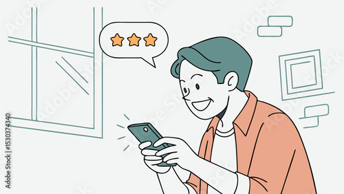 A man smiles while using his smartphone with a three star rating speech bubble next to him in a room