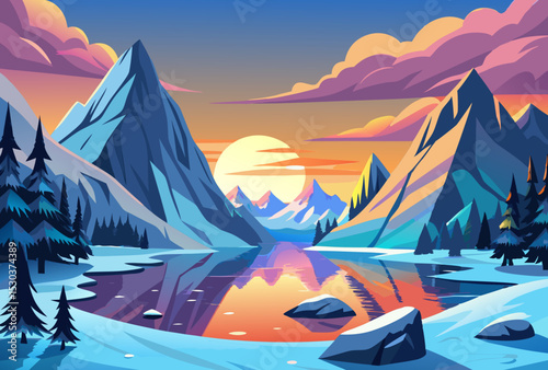 Sunset over Mountain Lake. A Winter Wonderland