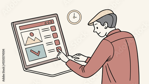 Illustration of a man using a laptop with a checklist and image displayed on the screen actively working