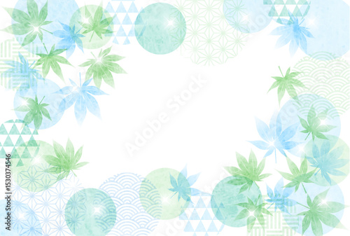 和柄玉と青紅葉の残暑見舞いはがき、かわいい、横、イラスト、夏、ポストカード