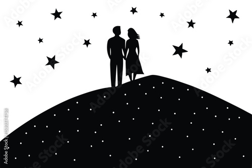 Romantic couple silhouetted against starry night sky