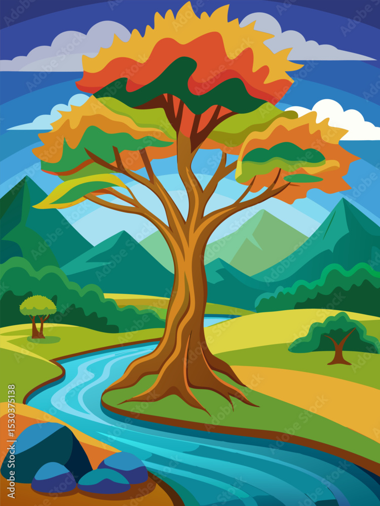 Obraz premium Autumn Landscape. Colorful Tree by a River