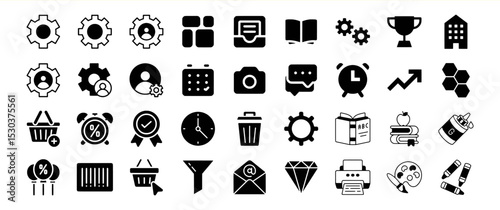 A diverse collection of 36 simple black glyph icons representing various concepts and objects