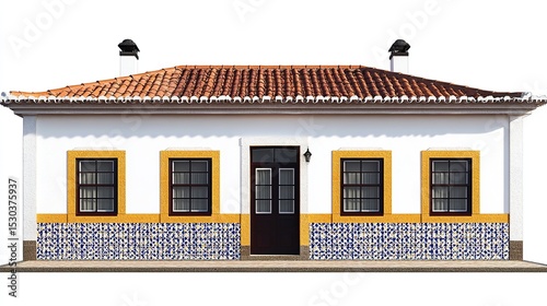 A white, single-story house with a terracotta roof and yellow trim around the windows and door. The house has four windows with black frames and a brown with blue and white patterned tiles