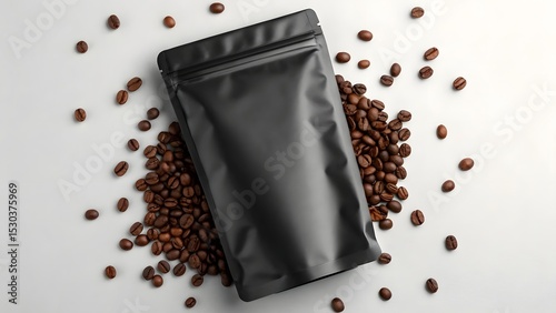 Black coffee packaging mockup with roasted beans