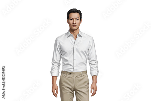Stylish young man in white shirt and beige pants, slightly angled pose, suitable for fashion design, mockups, and promotional use.