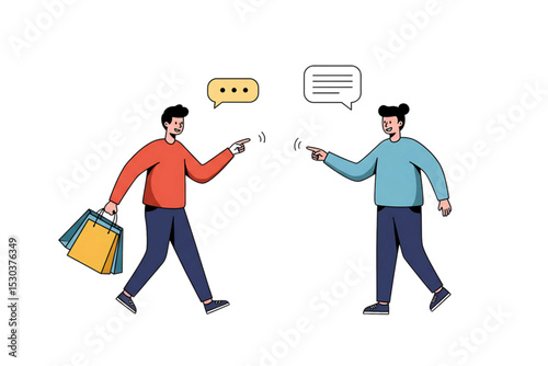 Vector illustration of two men exchanging messages while walking, suitable for digital communication, teamwork, or lifestyle topics.
