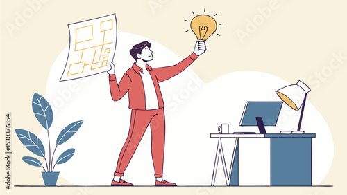 Person holding a lightbulb and a flowchart standing near a desk with a computer and a plant pot