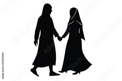 Silhouette couple walking hand in hand in islamic clothing