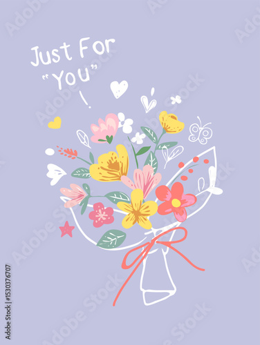 just for you slogan with cute colorful flower bouquet hand drawn vector illustration