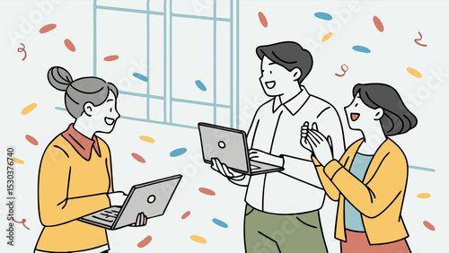 Three colleagues celebrating with laptops amidst confetti in a modern office environment happily together