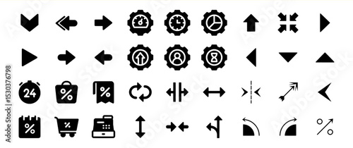 A comprehensive collection of arrow, gear, and shopping icons for various design purposes
