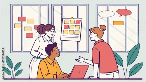 Three colleagues collaborating in an office with a laptop and brainstorming ideas on a board